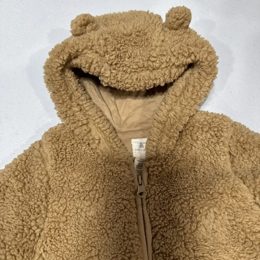 Baby Gap 6-12 Brown Sherpa Hooded Teddy Coverall Footie Bear Ears Outdoor Casua